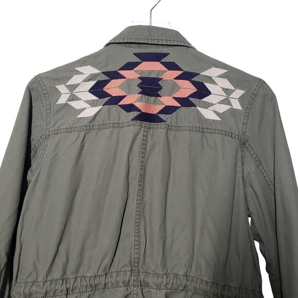 Wild Pearl Embroidered Aztec Jacket Cotton Full Zip Army Green Womens Small - Picture 9 of 14